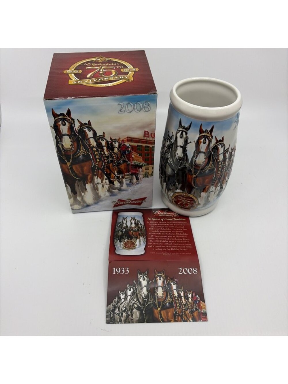 Budweiser Holiday Stein 2008 75 Year of Proud Tradition CS695 Anheuser Busch COA